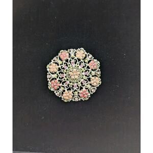 Vintage Monet Multi Color Enamel Rhinestone Flowers Brooch Pink Green 1 3/4" D